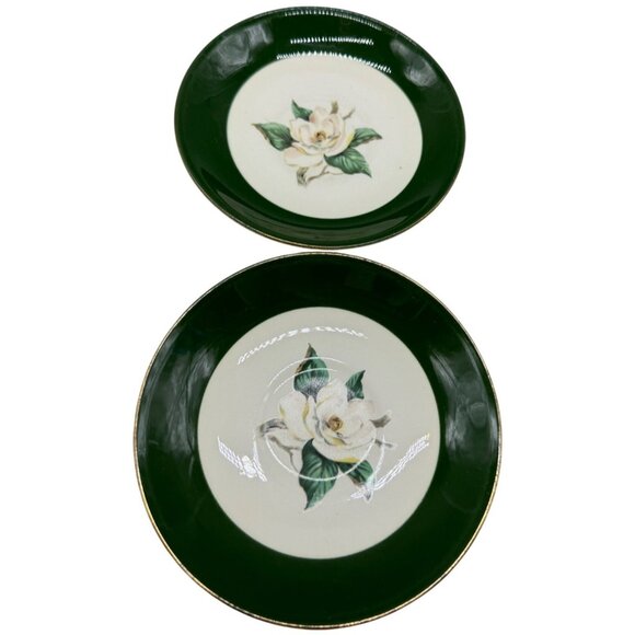 Jade Rose Crooksville Magnolia Green Trimmed Porcelain Bread Plates Set 2 READ - Picture 1 of 13
